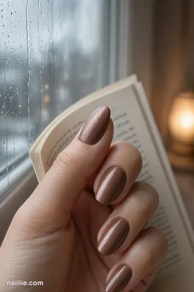 Close-up of oval nails with mocha polish and a soft velvet shimmer — look 2