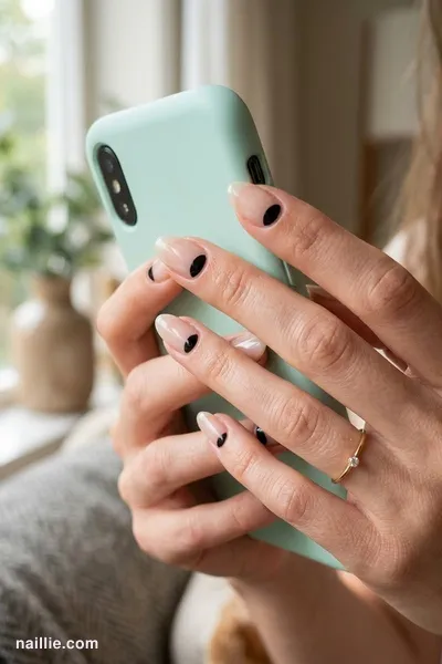 Close-up of almond nails with clean negative space half-moons — look 3