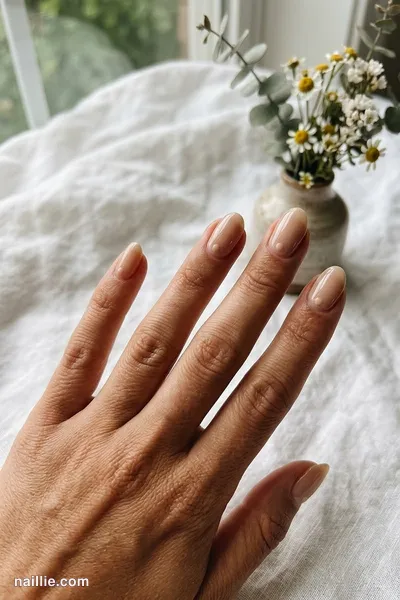 Close-up of oval nails with a single tiny nude beige dot on each nail — look 2