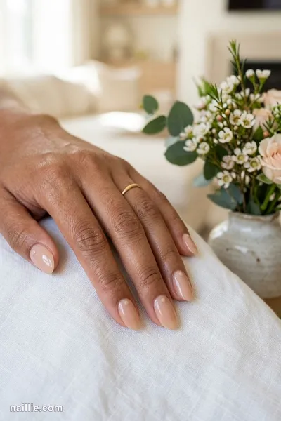 Close-up of oval nails with a single tiny nude beige dot on each nail — look 3