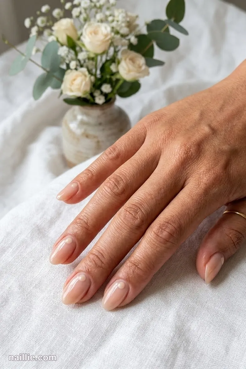 Close-up of oval nails with a single tiny nude beige dot on each nail