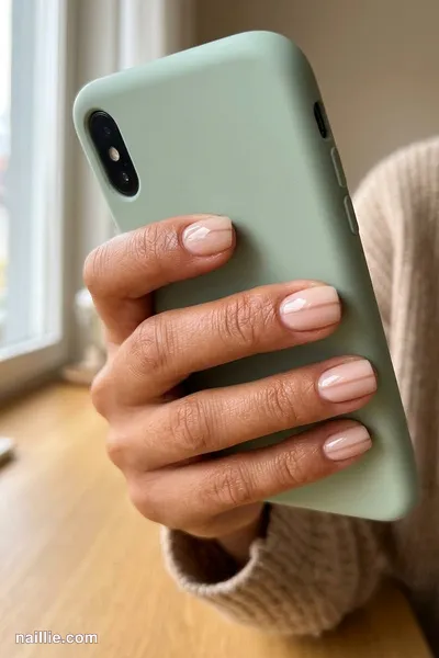 Close-up of short square nails with one fine nude beige line across a sheer base