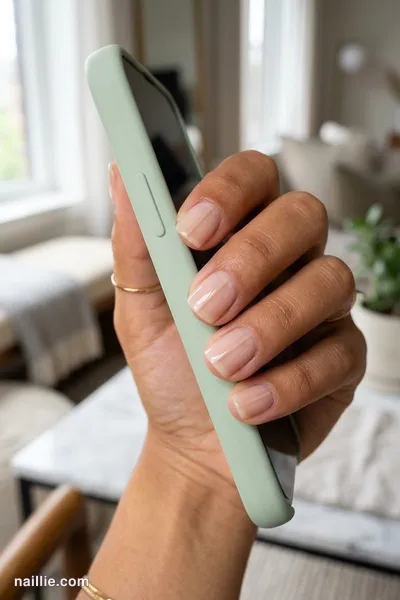 Close-up of short square nails with one fine nude beige line across a sheer base — look 3