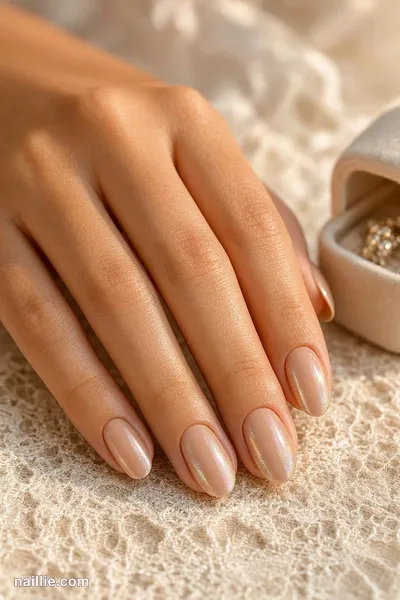 Close-up of oval nails with nude beige polish and a pearly glazed-donut shimmer
