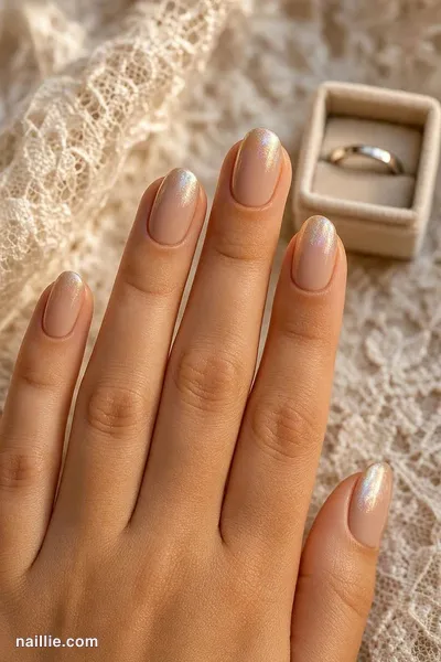 Close-up of oval nails with nude beige polish and a pearly glazed-donut shimmer — look 2