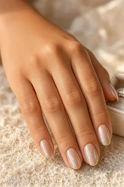Close-up of oval nails with nude beige polish and a pearly glazed-donut shimmer — look 3