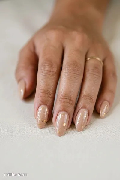 Close-up of almond nails with nude beige polish and delicate gold foil flakes — look 2