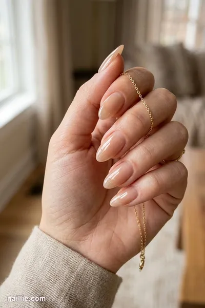 Close-up of almond nails with nude beige polish and a glossy see-through jelly finish — look 3