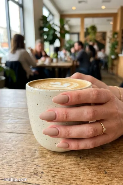 Close-up of oval nails with nude beige polish and a soft matte top coat — look 2