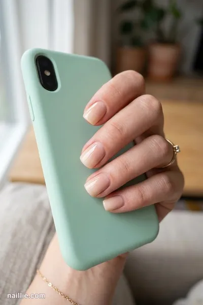 Close-up of short square nails with a nude beige ombre fading into nude