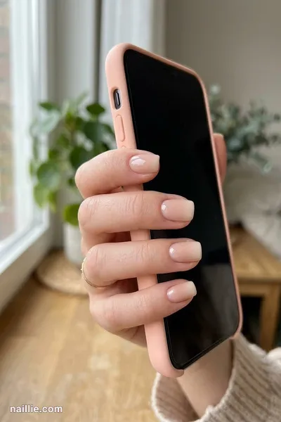 Close-up of short square nails with a nude beige ombre fading into nude — look 2