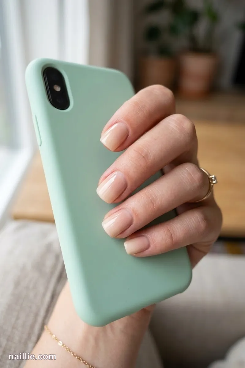 Close-up of short square nails with a nude beige ombre fading into nude