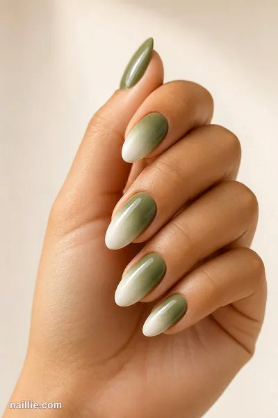 Close-up of almond nails with a soft olive green baby boomer fade