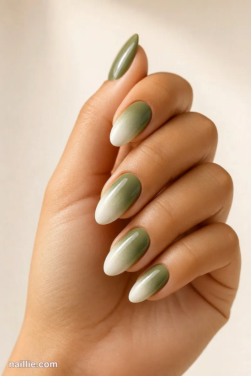 Close-up of almond nails with a soft olive green baby boomer fade