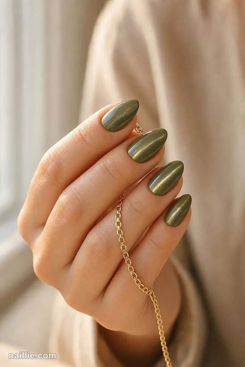 Close-up of almond nails with an olive green cat eye shimmer