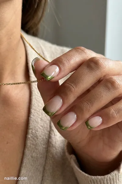 Close-up of short square nails with olive green chrome French tips — look 2