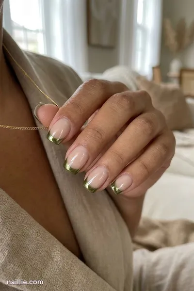 Close-up of short square nails with olive green chrome French tips — look 3