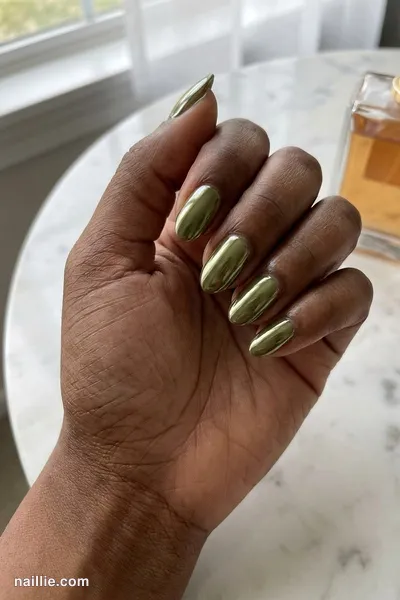 Close-up of oval nails with olive green polish and a mirror-like chrome finish — look 3