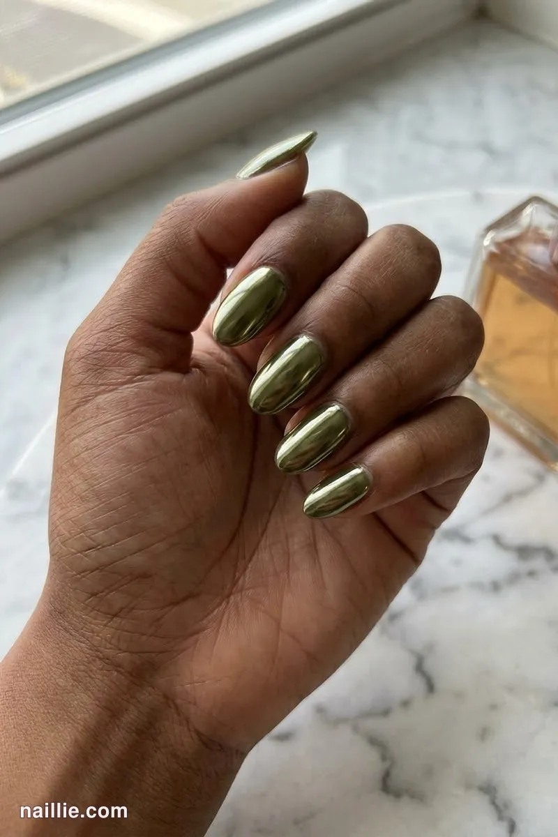 Close-up of oval nails with olive green polish and a mirror-like chrome finish