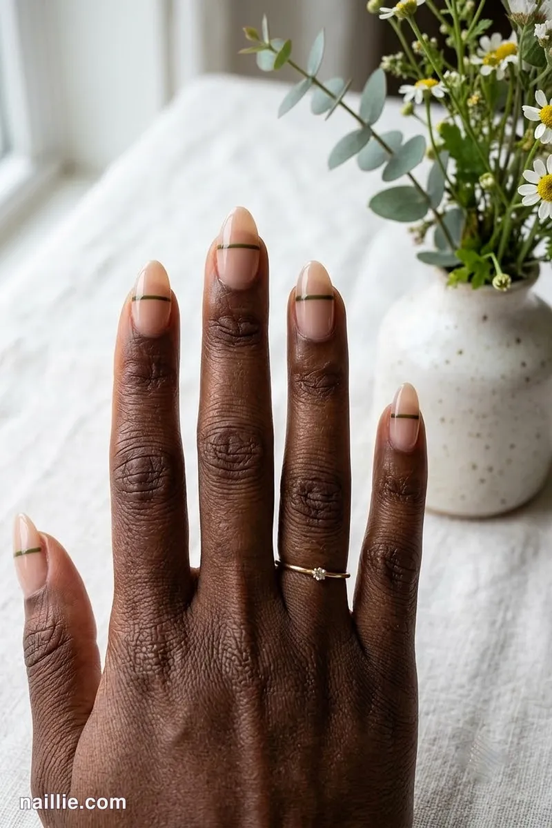 Close-up of almond nails with one fine olive green line across a sheer base