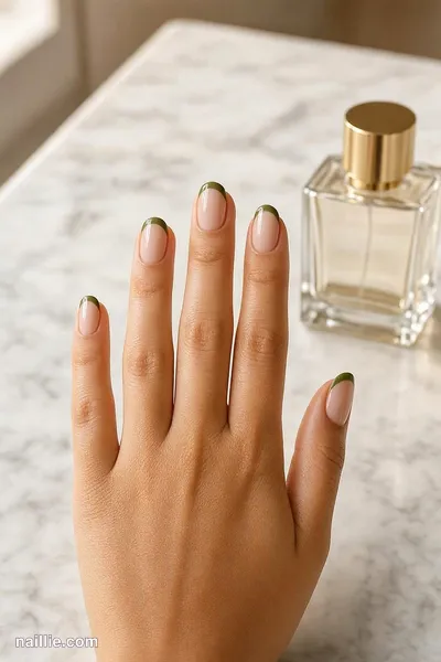 Close-up of oval nails with olive green French tips over a sheer nude base — look 2