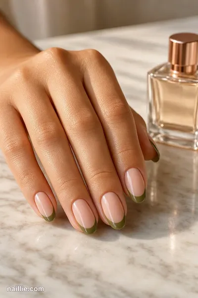 Close-up of oval nails with olive green French tips over a sheer nude base — look 3