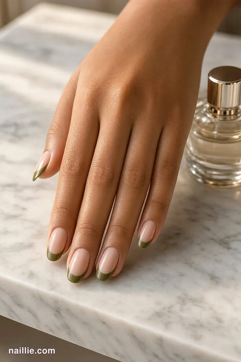 Close-up of oval nails with olive green French tips over a sheer nude base