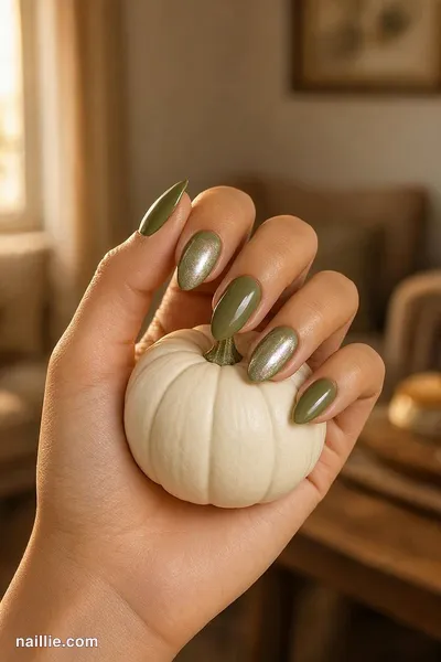 Close-up of almond nails with olive green polish and a pearly glazed-donut shimmer