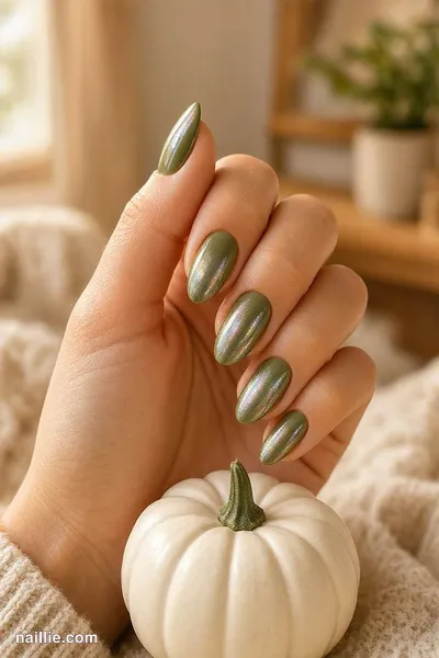 Close-up of almond nails with olive green polish and a pearly glazed-donut shimmer — look 2