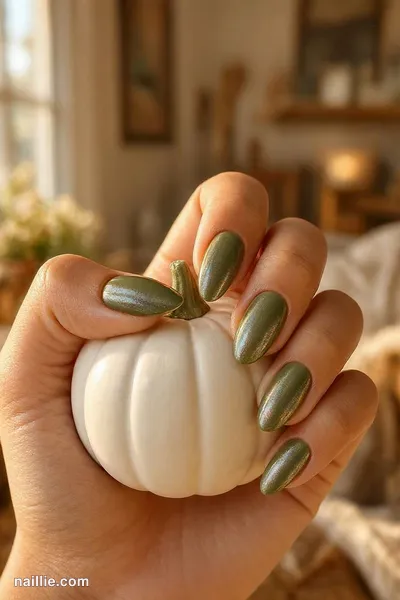 Close-up of almond nails with olive green polish and a pearly glazed-donut shimmer — look 3