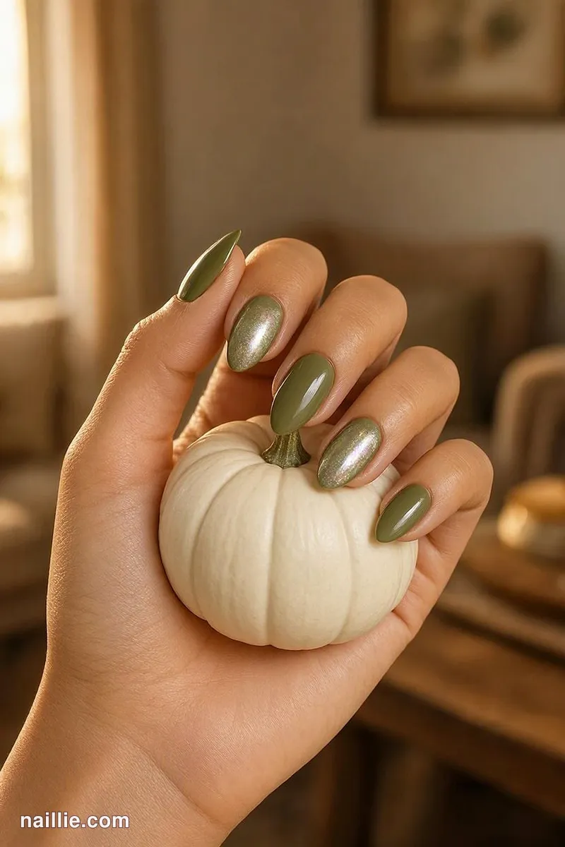Close-up of almond nails with olive green polish and a pearly glazed-donut shimmer