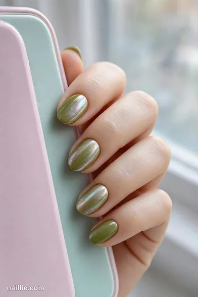 Close-up of short almond nails with olive green polish and a pearly glazed-donut shimmer