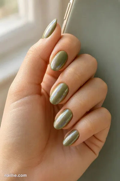 Close-up of short almond nails with olive green polish and a pearly glazed-donut shimmer — look 2
