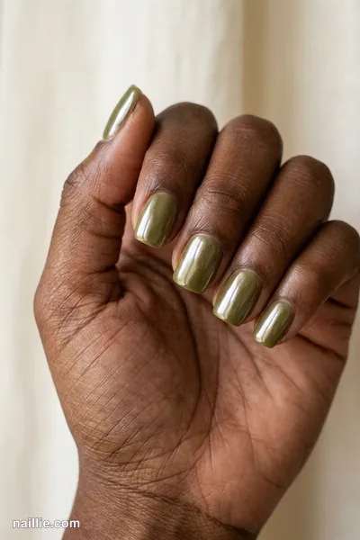 Close-up of squoval nails with olive green polish and a pearly glazed-donut shimmer — look 2