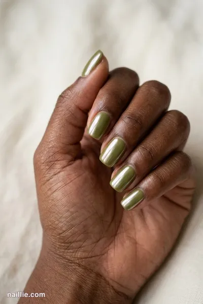 Close-up of squoval nails with olive green polish and a pearly glazed-donut shimmer — look 3