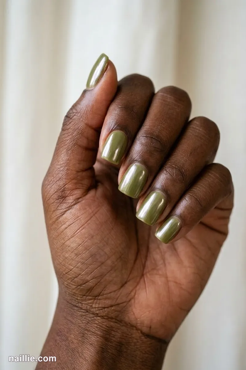 Close-up of squoval nails with olive green polish and a pearly glazed-donut shimmer