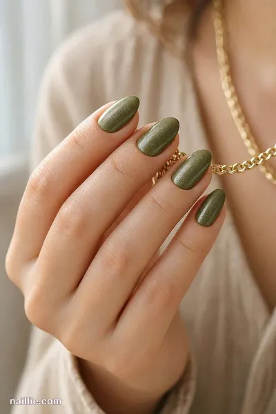 Close-up of almond nails painted a glossy olive green — look 2