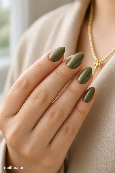 Close-up of almond nails painted a glossy olive green — look 3