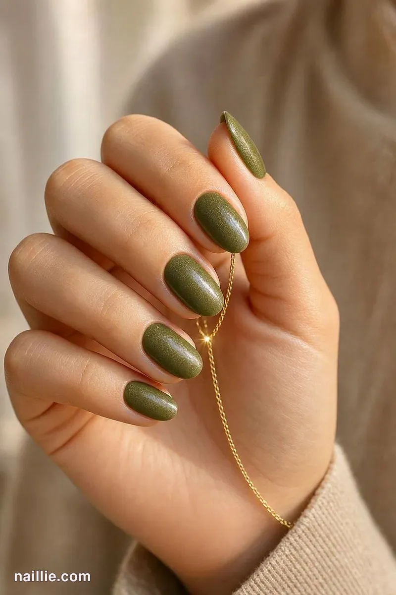 Close-up of almond nails painted a glossy olive green
