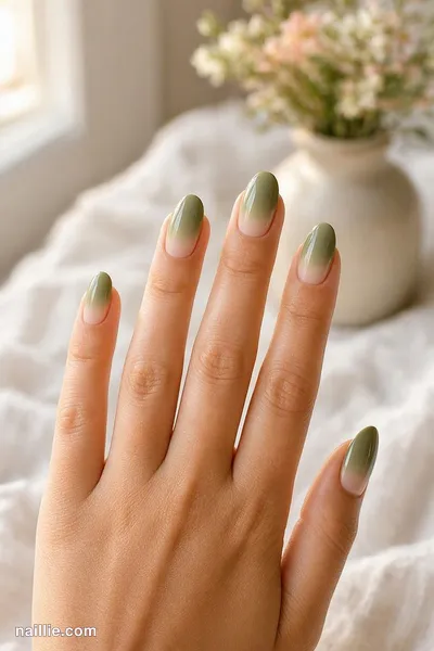 Close-up of almond nails with a olive green ombre fading into nude