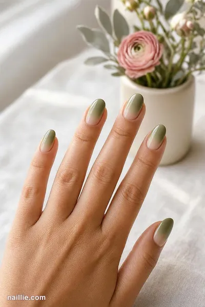 Close-up of almond nails with a olive green ombre fading into nude — look 2