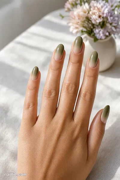 Close-up of almond nails with a olive green ombre fading into nude — look 3