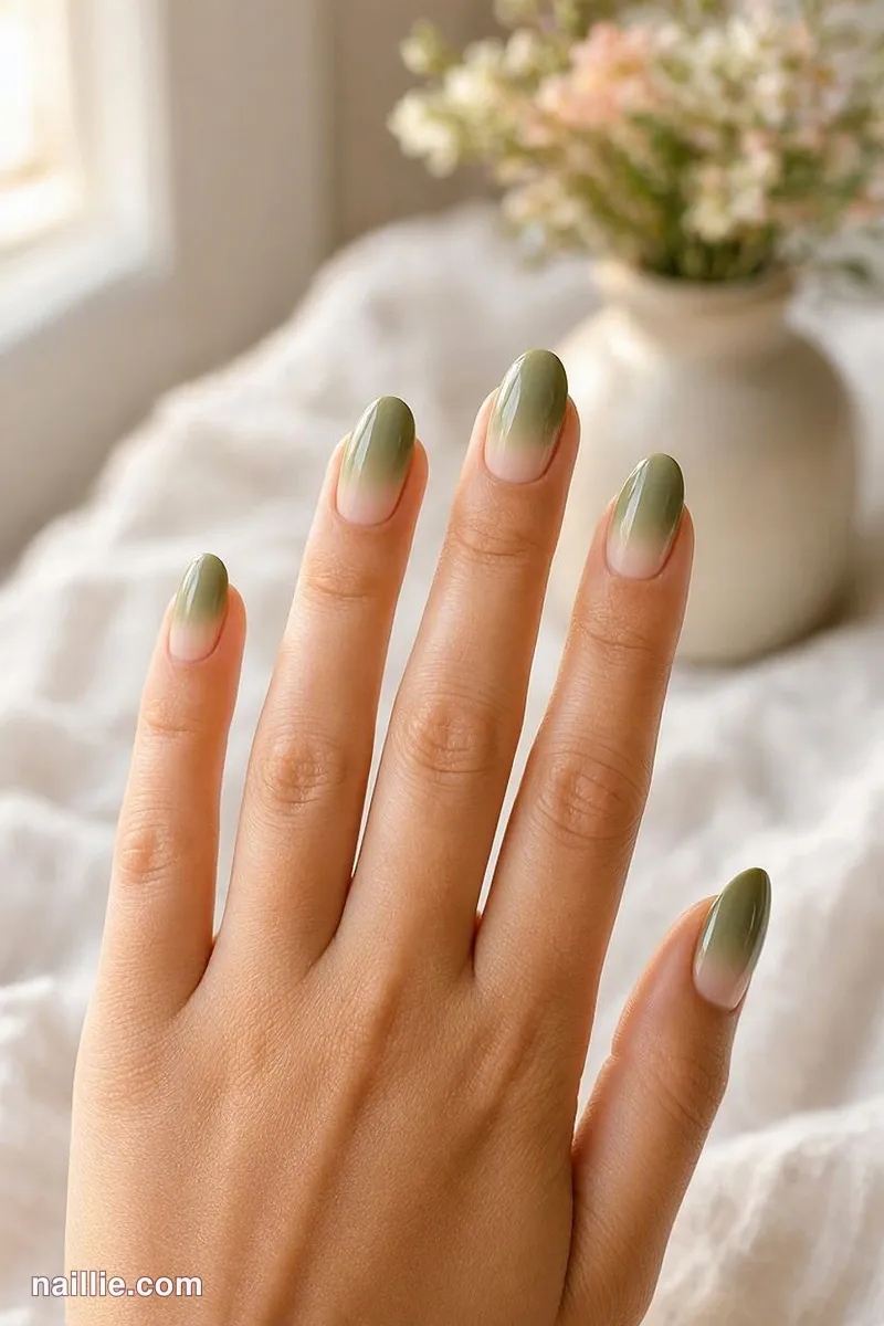Close-up of almond nails with a olive green ombre fading into nude