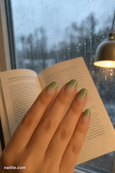 Close-up of oval nails with a olive green ombre fading into nude — look 2
