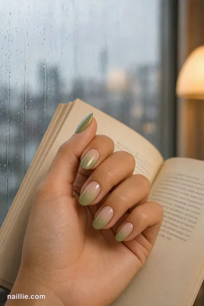 Close-up of oval nails with a olive green ombre fading into nude — look 3
