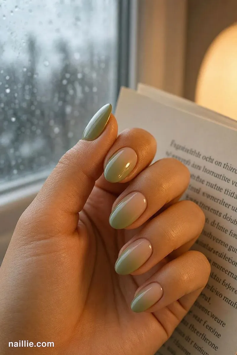 Close-up of oval nails with a olive green ombre fading into nude