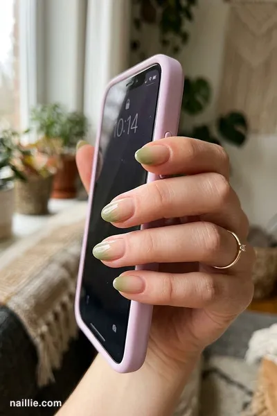 Close-up of short almond nails with a olive green ombre fading into nude