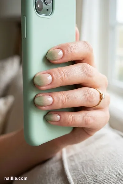 Close-up of short almond nails with a olive green ombre fading into nude — look 2