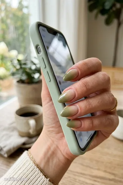 Close-up of short almond nails with a olive green ombre fading into nude — look 3