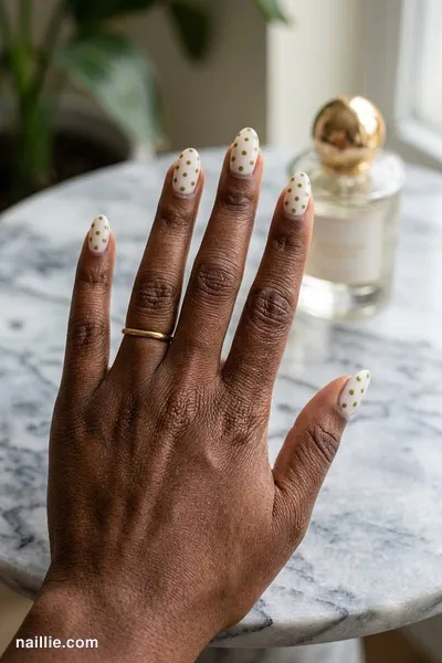 Close-up of oval nails with playful olive green polka dots — look 2
